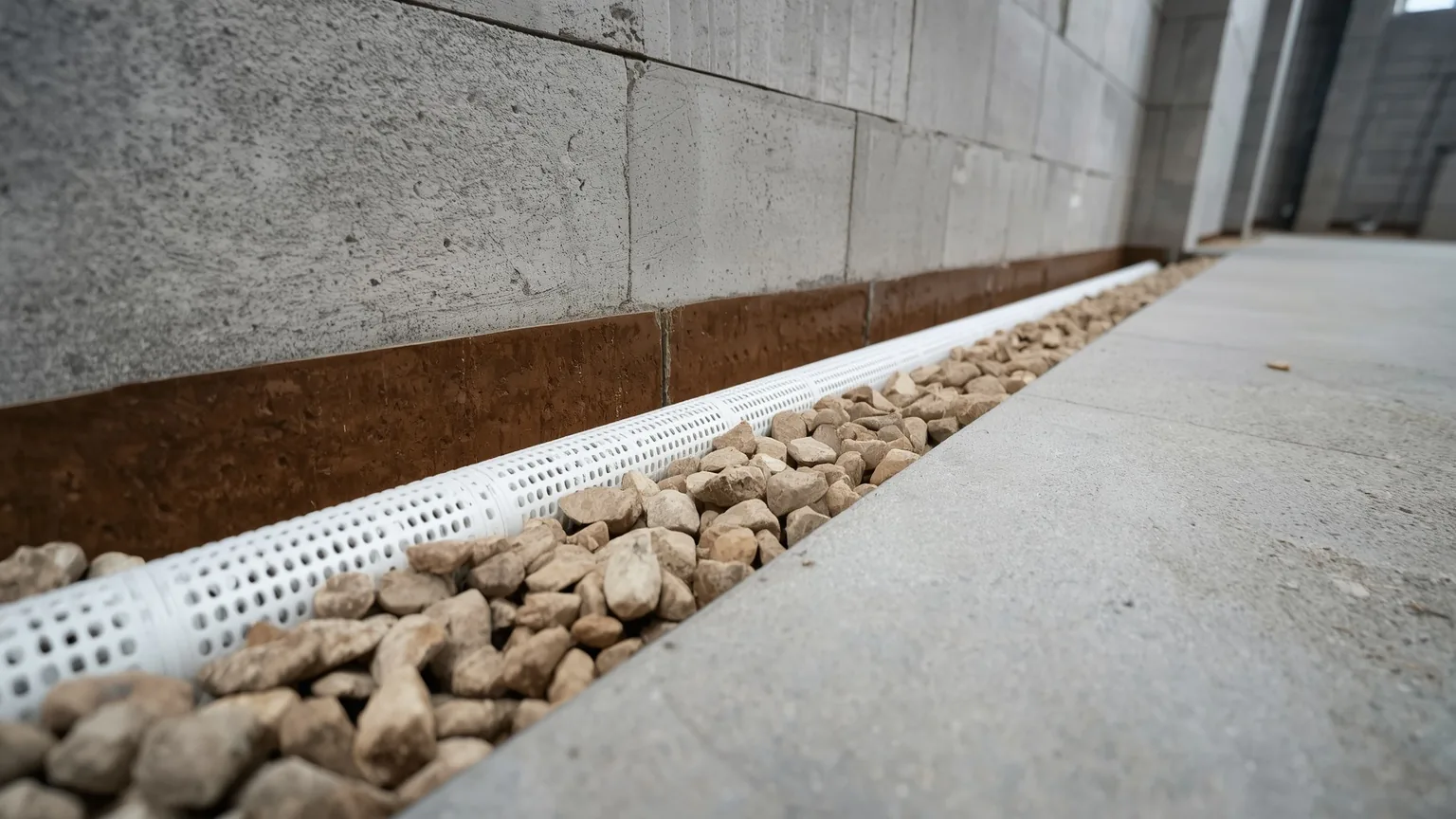 Perforated drain pipe bedded in washed stone beside the footing with drainage board down the wall