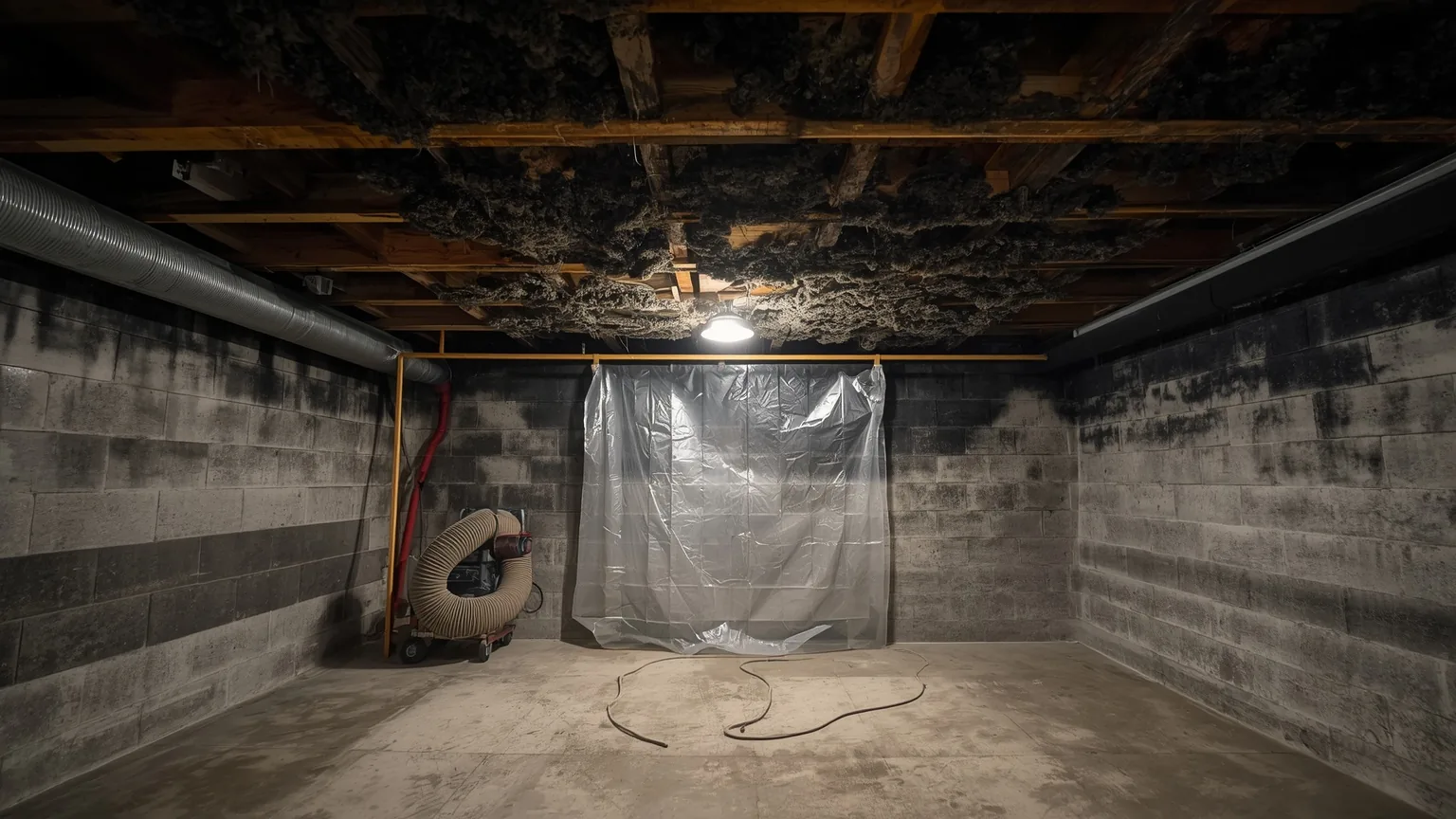Black mold across basement floor joists with containment sheeting and an air scrubber in place