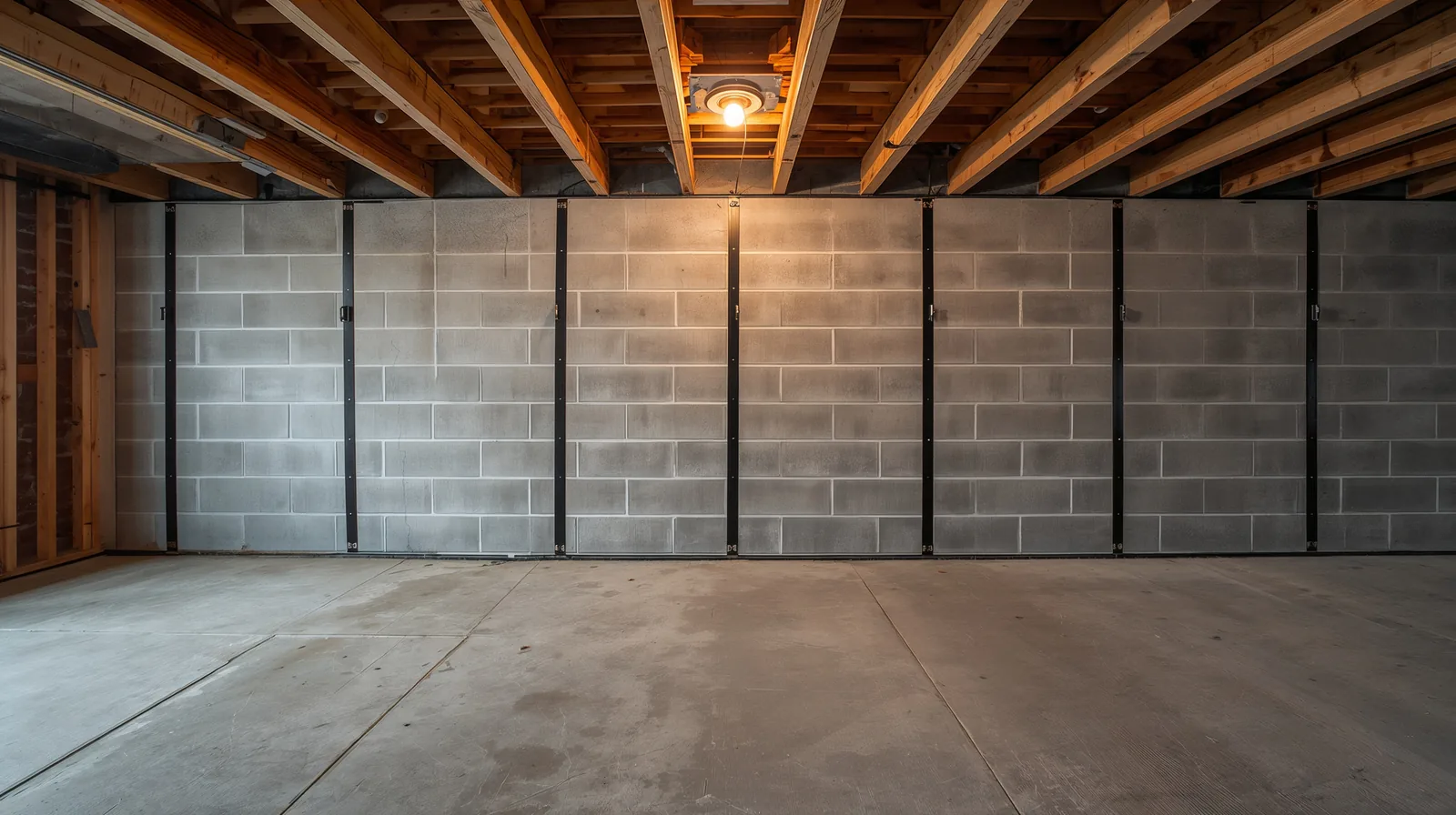 Steel I-beam braces anchored across a bowing concrete block basement wall
