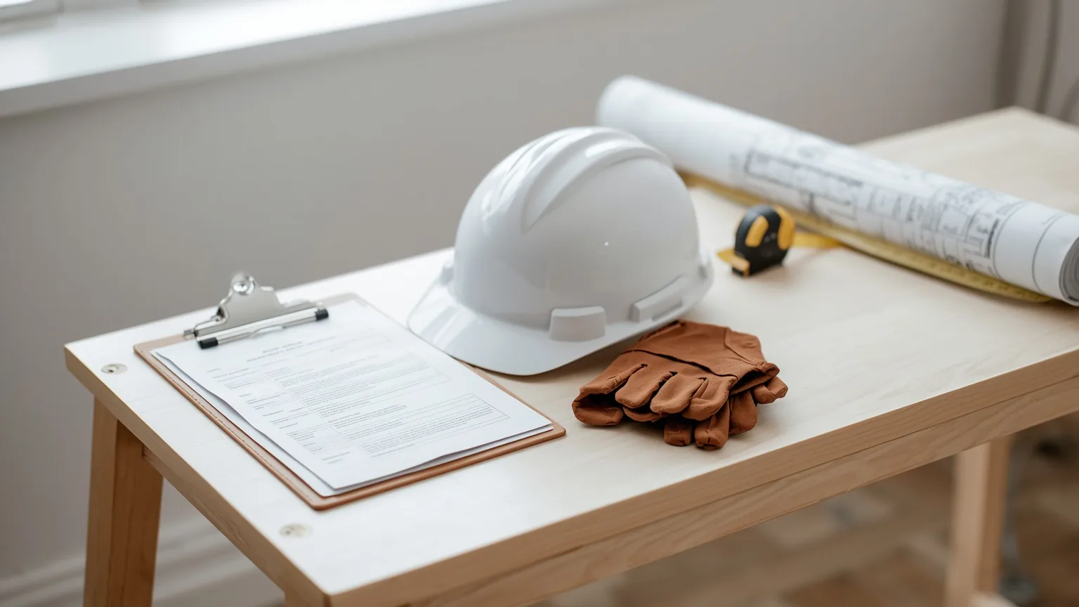 Hard hat, clipboard, work gloves, tape measure and rolled blueprints on a workbench
