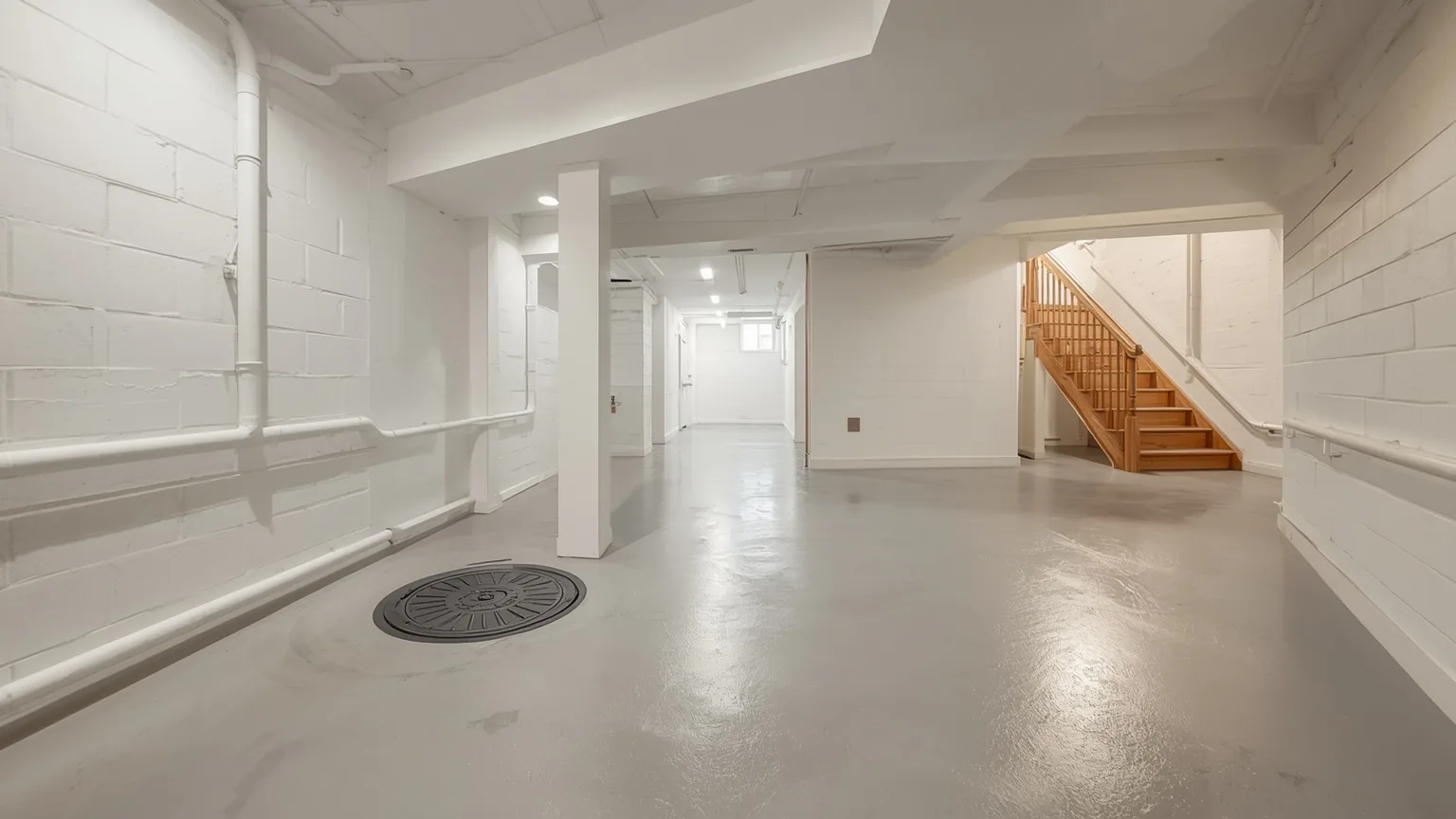 Bright dry finished basement with a sealed floor, perimeter drainage channel along the wall and a sump cover set flush in the slab