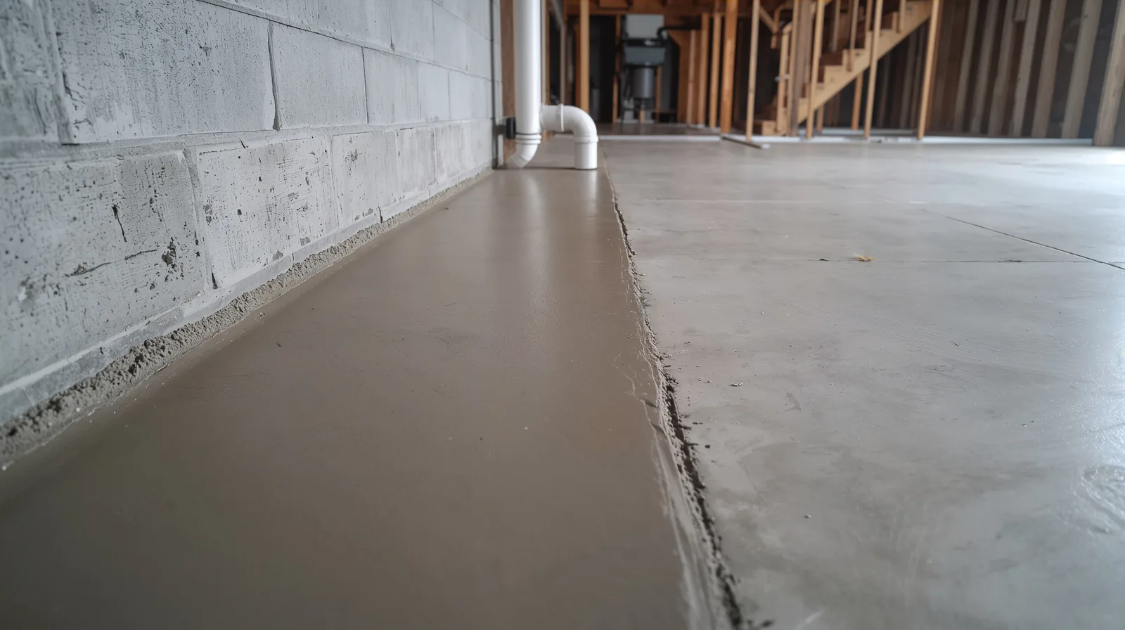 Freshly poured concrete strip sealing the joint where a basement wall meets the floor slab