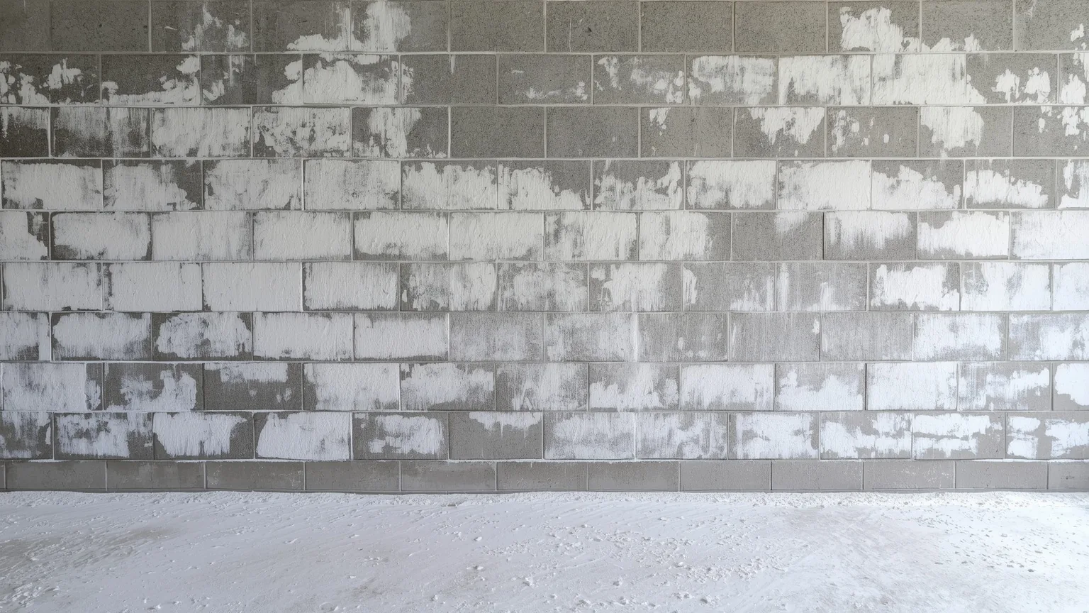 White crystalline efflorescence crusting the face of a basement concrete block wall