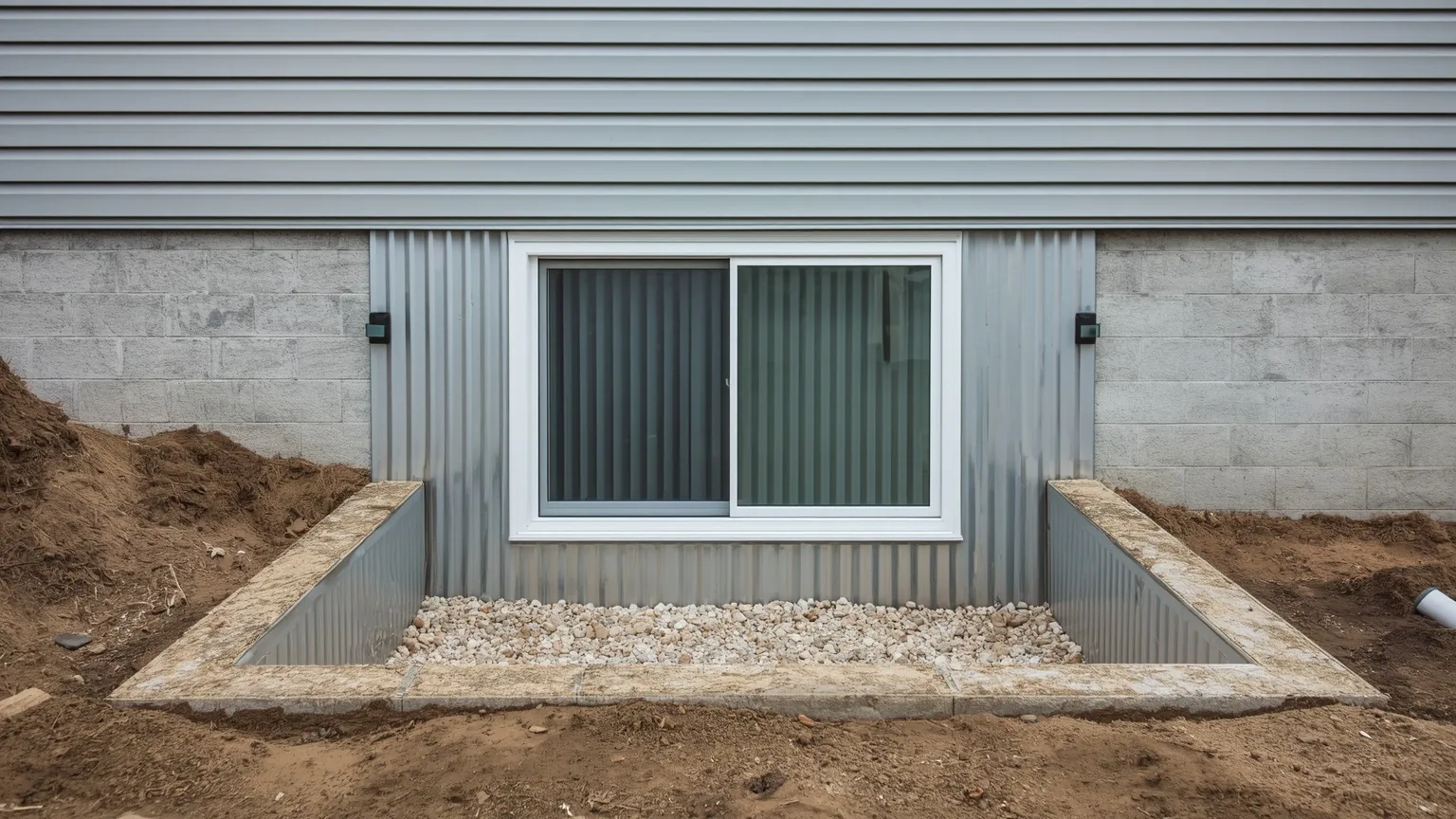Basement egress window in a corrugated steel window well with gravel drainage and stepped ledges