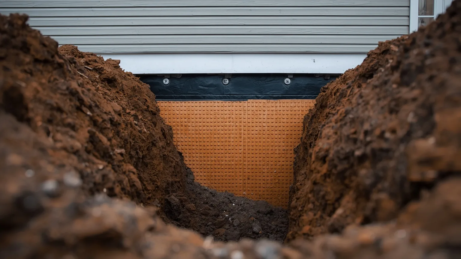 Excavation to the footing exposing a foundation wall coated in waterproofing membrane and dimpled drainage board