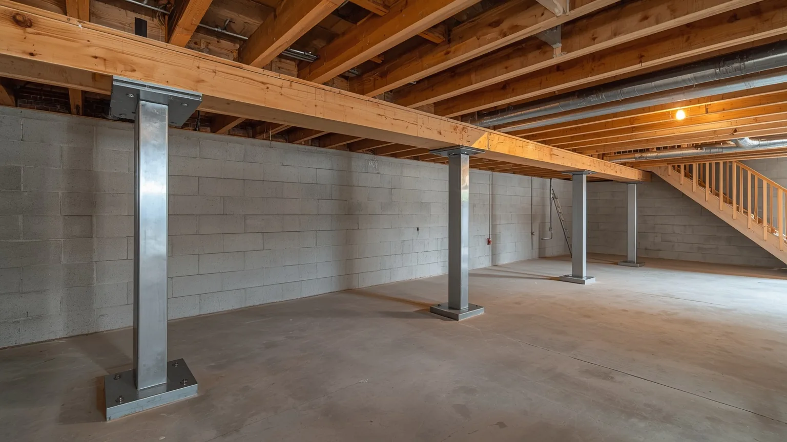 Row of adjustable steel support columns carrying the main girder in a residential basement