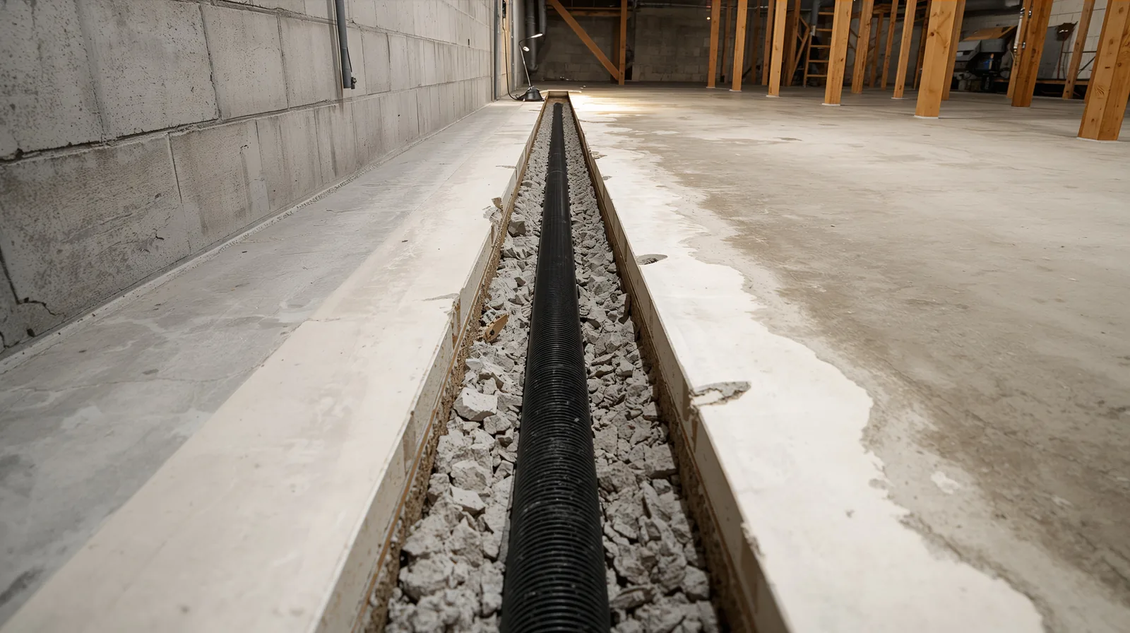 Open trench cut along a basement wall with perforated drain pipe bedded in washed stone