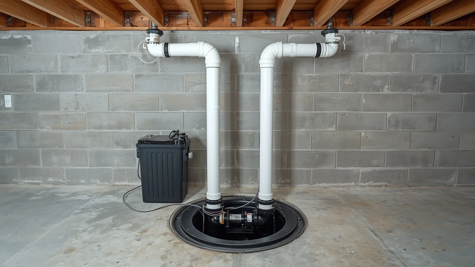 Sealed sump basin with twin PVC discharge lines, check valves and a battery backup unit