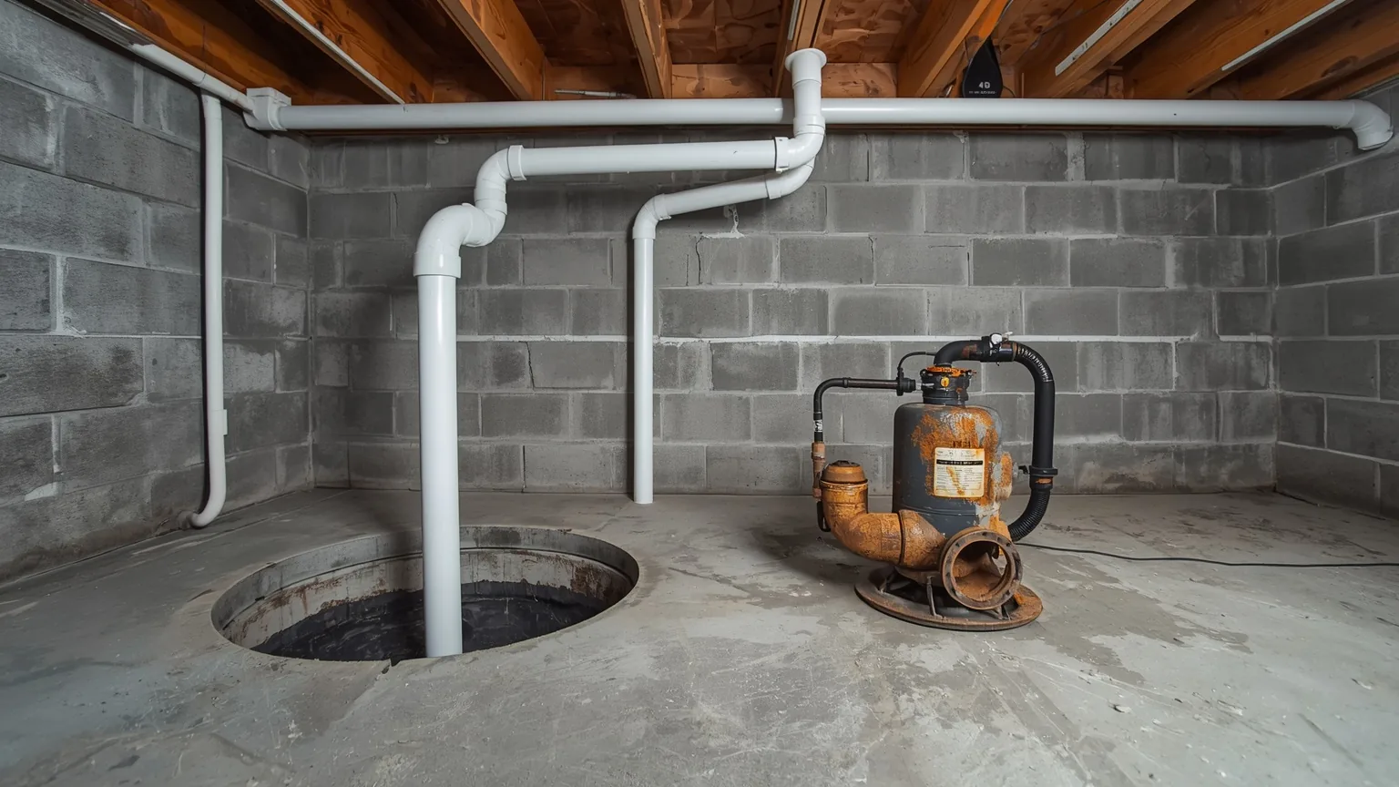 New sump pump installed with the old corroded unit removed and set on the basement floor
