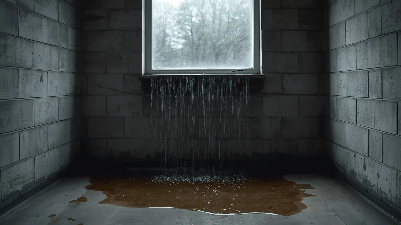 Water streaming through a basement window well and running down the block wall to the floor