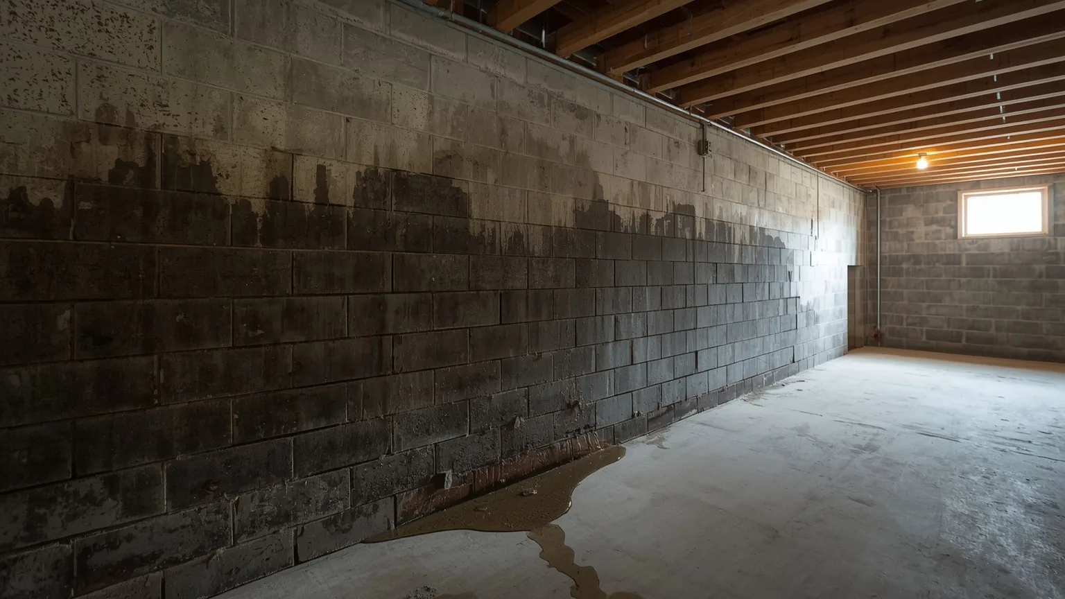 Damp staining spreading up a basement block wall above a wet concrete floor